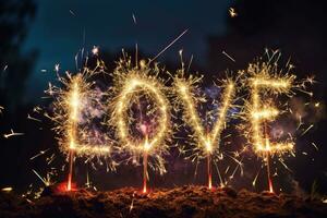 ai generato contento San Valentino giorno con amore popping colorato fuochi d'artificio nel il buio cielo .ai generativo foto