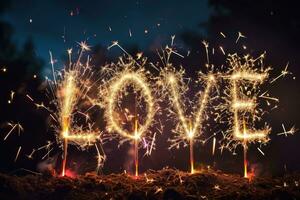 ai generato contento San Valentino giorno con amore popping colorato fuochi d'artificio nel il buio cielo .ai generativo foto