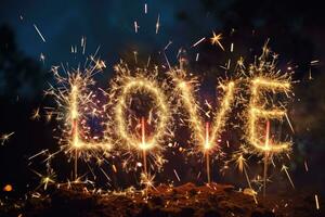 ai generato contento San Valentino giorno con amore popping colorato fuochi d'artificio nel il buio cielo .ai generativo foto