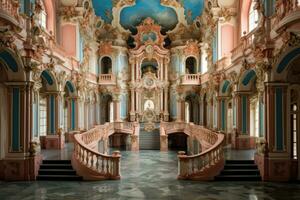 ai generato interno di il peterhof palazzo, st. pietroburgo, Russia, un' colorato barocco palazzo con un' vivace Tribunale, ai generato foto