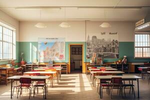 ai generato interno di un' scuola aula con vuoto banchi e sedie. nessuno dentro, un' confronto di passato e presente aula ambienti, ai generato foto