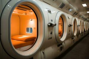 ai generato interno di un aereo cabina con arancia posti a sedere e oblò, un' compatto, efficiente in termini di spazio capsula Hotel nel tokyo, ai generato foto