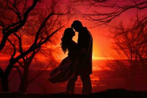 ai generato silhouette di un' amorevole coppia su un' sfondo di un' tramonto, un' coppia Abbracciare una persona nel davanti di un' vivace San Valentino giorno tramonto, ai generato foto