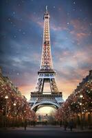 ai generato Natale albero decorato con illuminazione vicino il eiffel Torre nel Parigi foto