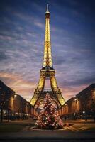 ai generato Natale albero decorato con illuminazione vicino il eiffel Torre nel Parigi foto