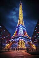 ai generato Natale albero decorato con illuminazione vicino il eiffel Torre nel Parigi foto