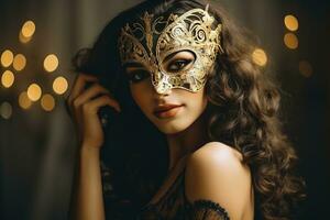 ai generato bellissimo donne indossare carnevale maschera a festa sfondo foto