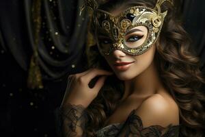 ai generato bellissimo donne indossare carnevale maschera a festa sfondo foto