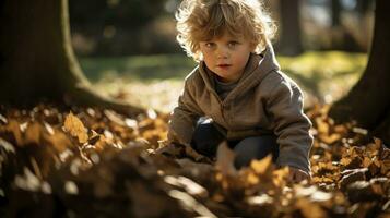 ai generato poco ragazzo copertina nel autunno le foglie e ombre foto