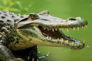 ai generato coccodrillo con suo bocca largo Aperto con un' verde lago nel il verde sfondo. ai generato foto