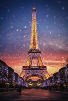 ai generato Natale albero decorato con illuminazione vicino il eiffel Torre nel Parigi foto