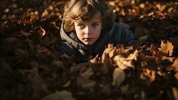 ai generato poco ragazzo copertina nel autunno le foglie e ombre foto