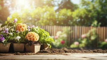 ai generato bellissimo fiori nel pentole al di fuori nel il giardino foto