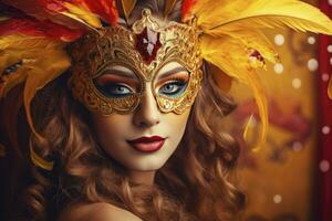 ai generato bellissimo donne indossare carnevale maschera a festa sfondo foto