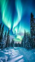 ai generato mistico aurora Borealis al di sopra di nevoso foresta foto