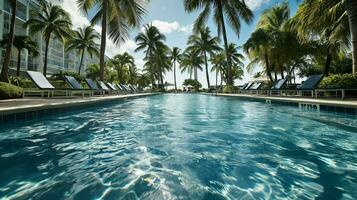 ai generato tropicale ricorrere oasi, sereno bordo piscina Paradiso foto