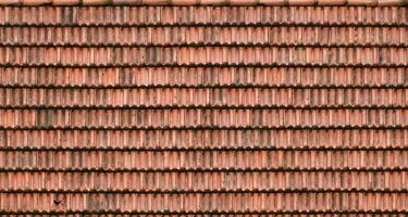 vicino su di rosso terracotta tetto herpes zoster con alcuni muffa. sfondo struttura di coperture Materiale foto