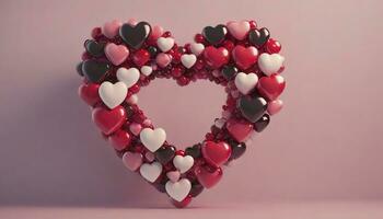 ai generato cuore di sfere. un' multicolore composizione di rosa, rosso bicchiere, e metallico sfere formatura un' cuore forma, artigianale nel un' 3d reso Schermo di amore e armonia. foto