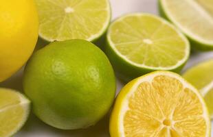 molti metà e fette di giallo Limone e verde lime su leggero bianca tavolo. fresco frutta su cucina di legno superiore foto