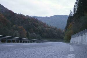 strada nel autunno foresta a tramonto nel carpazi montagne, Ucraina. bellissimo montagna carreggiata con arancia alberi e alto rocce. paesaggio con vuoto autostrada attraverso il boschi nel autunno foto