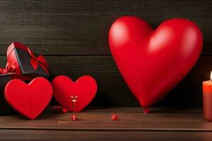 ai generato di legno sfondo con rosso cuore, candela, i regali. san valentino giorno. madri giorno anniversario. professionista foto