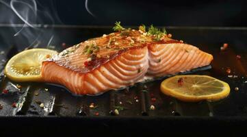 ai generato buongustaio cotoletta di fresco salmone condito con erbe aromatiche, spezie, e Limone gusto grigliate su un' piastra. ai generato. foto