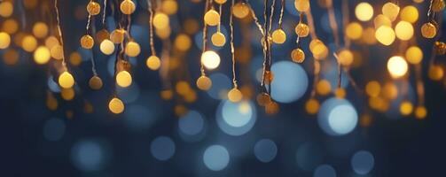 ai generato vacanza illuminazione e decorazione concetto, Natale ghirlanda bokeh luci al di sopra di buio blu sfondo. ai generato foto