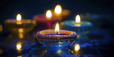 ai generato contento diwali. diya olio lampade erano illuminato durante il celebrazione. ai generato foto