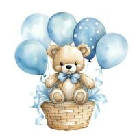ai generato un' acquerello bambino orsacchiotto orso è seduta nel il cestino con blu e oro palloncini. ai generato foto
