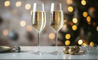 ai generato bicchieri con Champagne su il sfondo di Natale decorazioni. ai generato foto