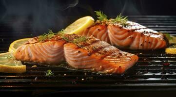 ai generato buongustaio cotoletta di fresco salmone condito con erbe aromatiche, spezie, e Limone gusto grigliate su un' piastra. ai generato. foto