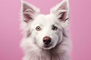ai generato bianca cane su rosa sfondo. ai generato foto