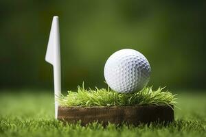 ai generato bianca golf palla su di legno tee con erba. generativo ai foto