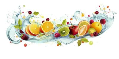 ai generato turbine acqua spruzzo con frutta. liquido flusso con ghiaccio cubi e un' mescolare di fresco frutta. generativo ai foto