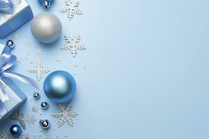 ai generato Natale vigilia concetto. superiore Visualizza foto di blu e argento palline fiocco di neve ornamenti elegante presente scatole e coriandoli. ai generato