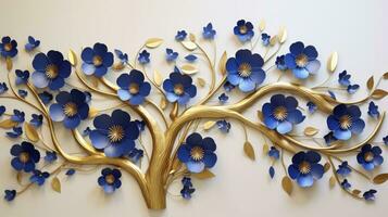 ai generato elegante oro e reale blu floreale albero con le foglie e fiori sospeso rami illustrazione sfondo. ai generato. foto