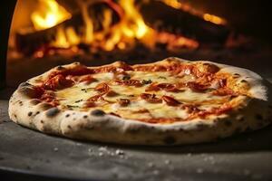 ai generato appena al forno Pizza avvicinamento, tradizionale legna licenziato forno sfondo. ai generato foto