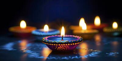 ai generato contento diwali. diya olio lampade erano illuminato durante il celebrazione. ai generato foto