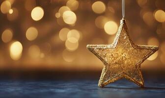 ai generato scintillante d'oro Natale stella. ornamento decorazione sfocato bokeh sfondo. ai generato foto