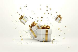 ai generato allegro nuovo anno e allegro Natale 2024 bianca regalo scatole con d'oro fiocchi e oro paillettes coriandoli su bianca sfondo. ai generato foto