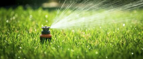 ai generato automatico giardino prato spruzzatore nel azione irrigazione erba. ai generato foto