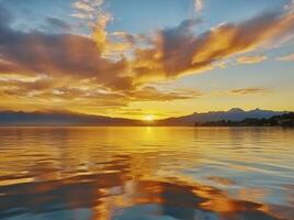 ai generato luminosa tramonto al di sopra di lago d'oro nuvole riflettere nel il acqua. ai generato. foto