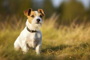 ai generato contento Jack russell terrier animale domestico cane in attesa, ascoltando nel il erba. ai generato foto