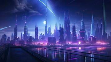 ai generato un' futuristico, cyberpunk ispirato paesaggio urbano a notte. ai generato foto