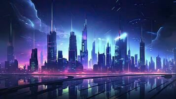 ai generato un' futuristico, cyberpunk ispirato paesaggio urbano a notte. ai generato foto