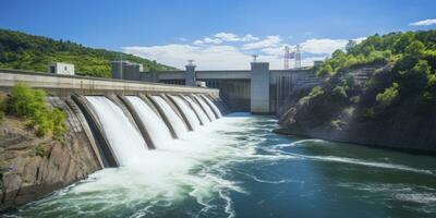 ai generato idroelettrico diga generando verde energia a partire dal fluente acqua. ai generato. foto