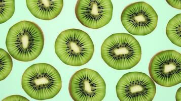 ai generato fette di Kiwi frutta e verde menta le foglie su un' leggero pastello blu sfondo. ai generato foto