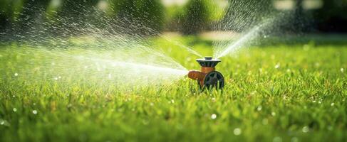 ai generato automatico giardino prato spruzzatore nel azione irrigazione erba. ai generato foto