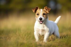 ai generato contento Jack russell terrier animale domestico cane in attesa, ascoltando nel il erba. ai generato foto