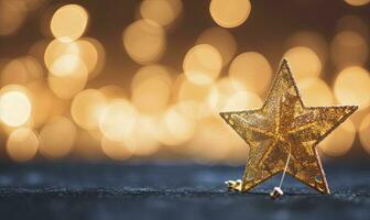 ai generato scintillante d'oro Natale stella. ornamento decorazione sfocato bokeh sfondo. ai generato foto